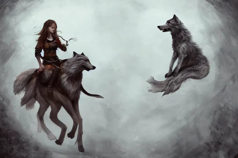 Image similar to a girl riding a wolf, trending on artstation