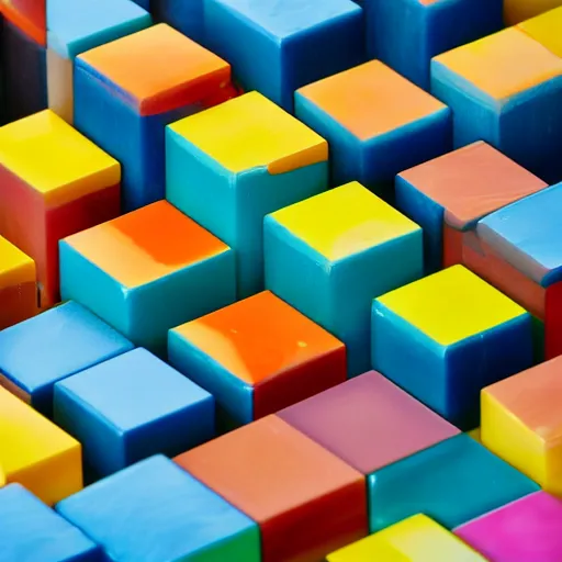 Prompt: an axonometric isometric photo of a stack of multi coloured individual resin blocks. the blocks are made of a satin resin. photorealistic, architectural model, octane render, path tracing