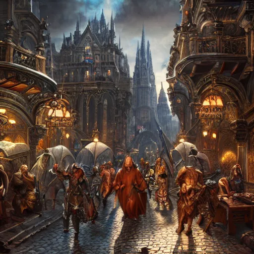 Prompt: a busy fantasy street scene from within a beautiful and ornate city, hyper realistic digital art, beautiful painting, detailed, cinematic, great composition, rococo, dungeons and dragons, lord of the rings, artstation