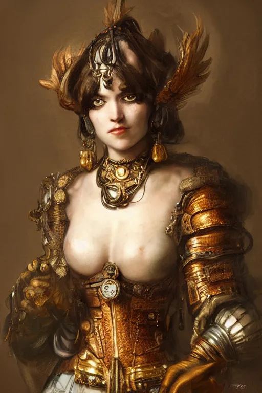 Image similar to moody portrait, headshot, digital painting, of a 17th century, beautiful cyborg girl merchant, dark hair, amber jewels, baroque, ornate clothing, scifi, futuristic, realistic, hyperdetailed, chiaroscuro, concept art, art by frans hals