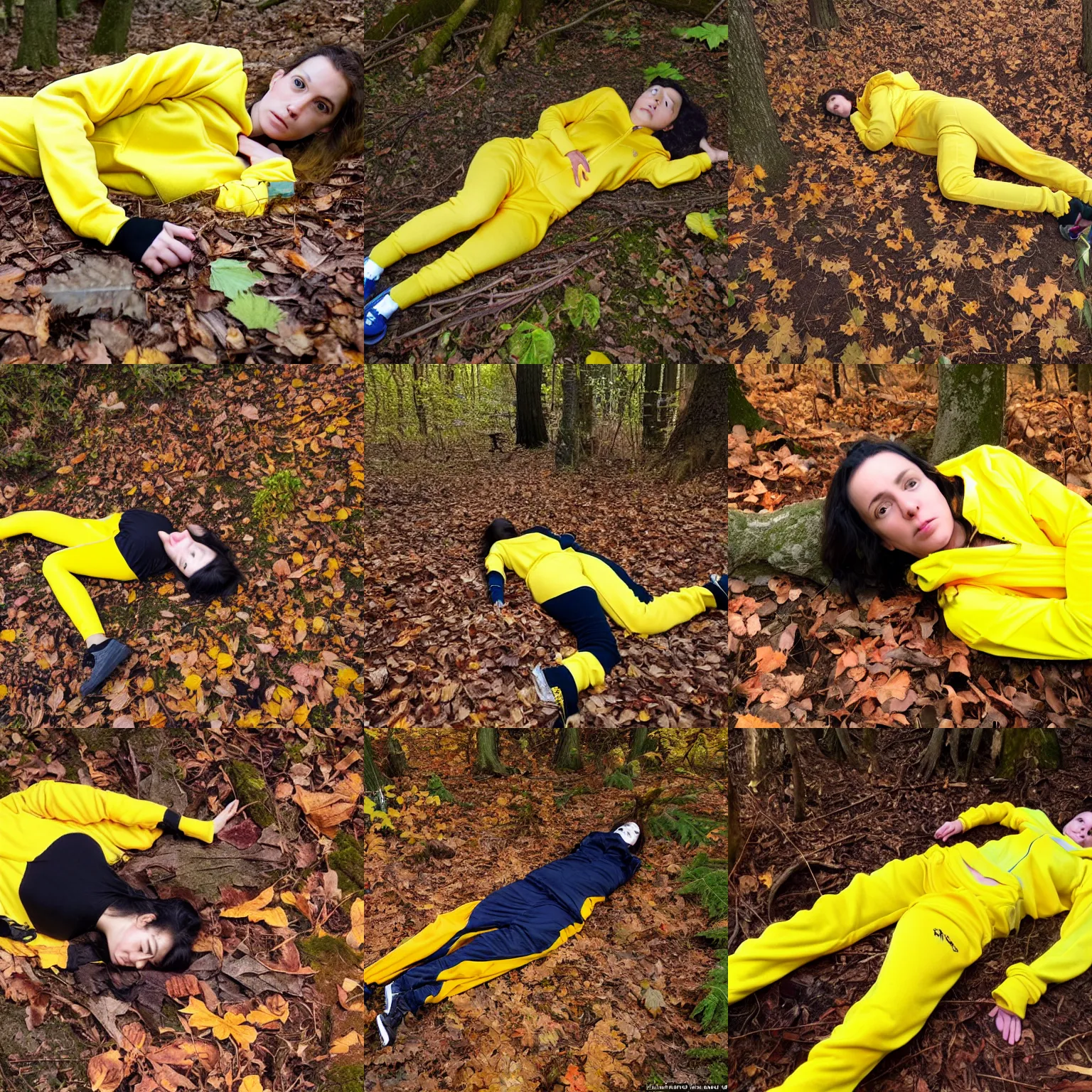 Prompt: young female, lying dead on the ground in a forest, she is wearing a yellow velor sweat suit, she is mostly covered by dark colored leaves and twigs