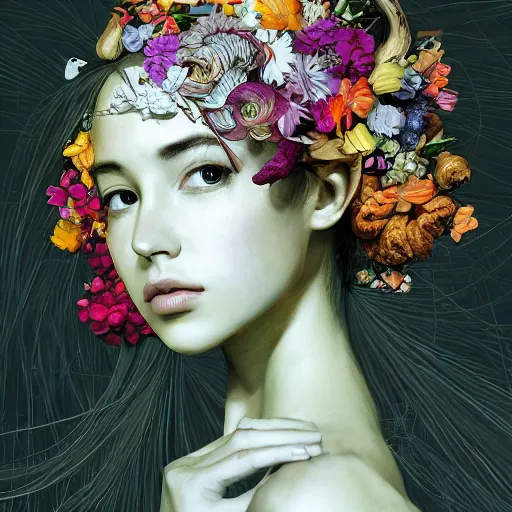 Image similar to the portrait of an absurdly beautiful, graceful, elegant young woman made of bananas and petals, an ultrafine detailed illustration by kim jung gi, irakli nadar, intricate linework, bright colors, octopath traveler, final fantasy, angular, unreal engine 5 highly rendered, global illumination, radiant light, detailed and intricate environment