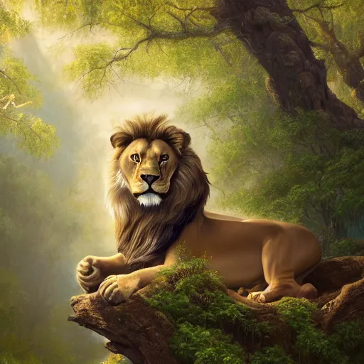 Prompt: A beautiful detailed painting of a lion with the head and wings of an eagle in a magical forest, ray traced sun light, by john sargent and Kalin Popov , Trending on artstation HD.