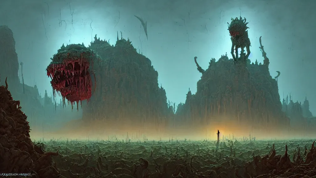 Prompt: the ancient manifestation of evil in a sea of rabid dogs, intricate, detailed, volumetric lighting, sharp focus, scenery, photorealism, digital painting, highly detailed, concept art, by roger dean and simon stalenhag and mark brooks