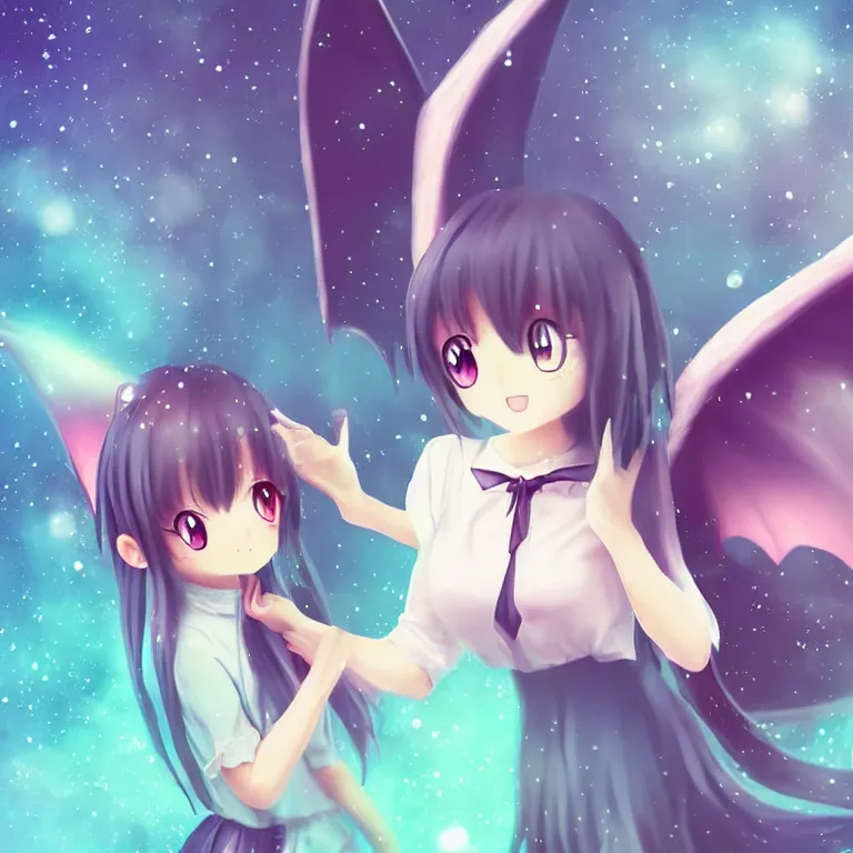 Image similar to cute, full body, female, anime style, a cat girl with fairy wings patting a dragon, large eyes, beautiful lighting, sharp focus, simple background, creative, heart effects, filters applied, illustration