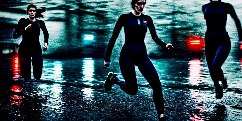 Image similar to cinestill 5 0 d candid photographic portrait by stanley kubrick of female androids sprinting wearing rugged black mesh techwear in treacherous waters, flooded city, medium closeup, retrofuturism cyberpunk moody emotional cinematic, pouring iridescent rain bright spotlight helicopter, 8 k, hd, high resolution, 3 5 mm, f / 3 2 motion blur, ultra realistic faces, ex machina