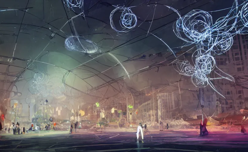 Image similar to pepople and a spiral - shaped white luminous attractor is floating on the ground in soviet city, concept art, art for the game, professional lighting, art painted in street style