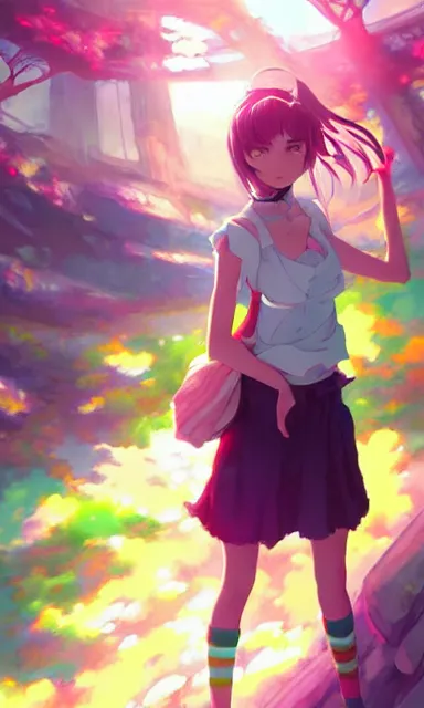 Prompt: a colorful anime scene of a girl, detailed background, portrait, artgerm, artstation, by artists rossdraws and studio ghibli