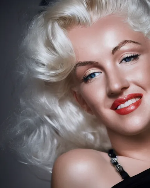 Image similar to Beautiful Head and shoulders portrait of smiling flirty seductive Marilyn monroe with platinum blonde hair, wearing a camisole by arney freytag, artstation, 35mm, fashion photoshoot, laying on a bed in a photo studio, golden hour, bokeh, rim lighting, fashion pose, octane, 4k