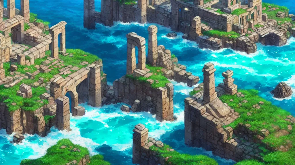 Image similar to ancient atlantean ruins, studio ghibli, pixar and disney animation, sharp, rendered in unreal engine 5, highly detailed, digital painting, artstation, concept art, smooth, sharp focus, illustration, wide angle, artbook, wallpaper, splash art, promo art, dramatic lighting, art by artgerm and greg rutkowski and bo chen and jin xiaodi