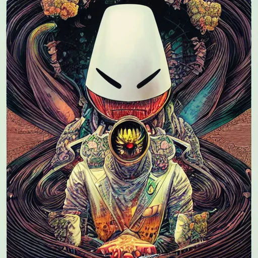 Image similar to portrait of crazy marshmello, symmetrical, by yoichi hatakenaka, masamune shirow, josan gonzales and dan mumford, ayami kojima, takato yamamoto, barclay shaw, karol bak, yukito kishiro