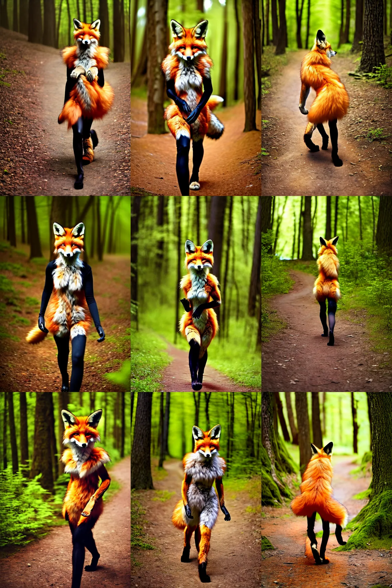 Prompt: anthro furry digitigrade natural - colored fox woman with black paws, walking upright in a forest, low saturation photo