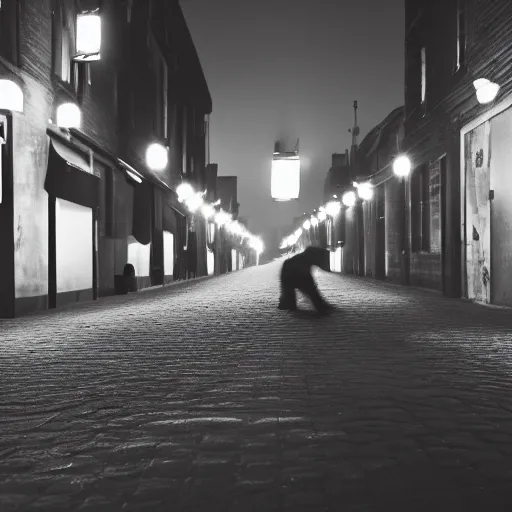 Image similar to an abstract photograph of a lonely male shadowy figure, there is a dark street with lanterns reflected on the ground, underwater, motion blur, 35 mm, black-and-white