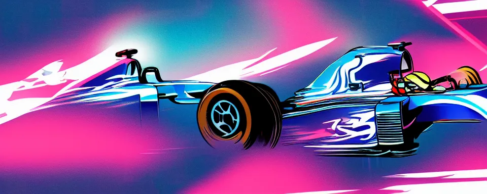 Image similar to formula one car, synthwave illustration, motion blur, blue aesthetic