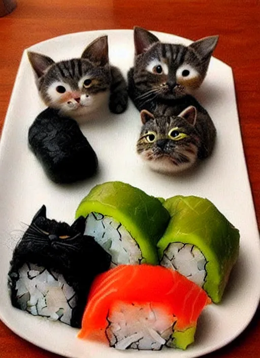 Image similar to clear photorealistic picture of adorable cats made out of sushi