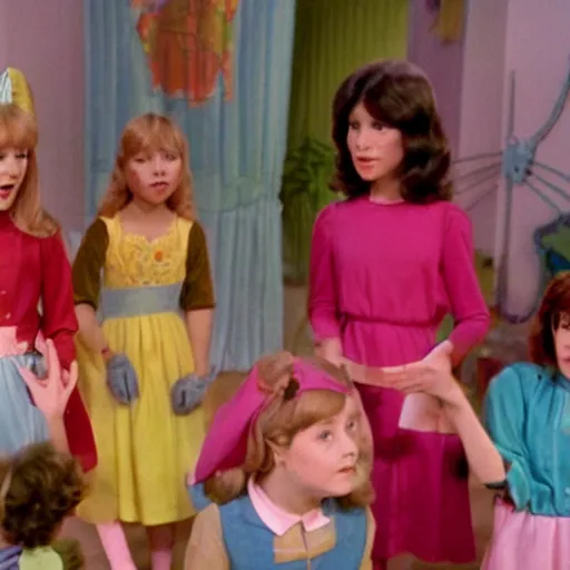 Prompt: still from 1977 live-action children's tv show about a Disney princess who enters an intestine cult color