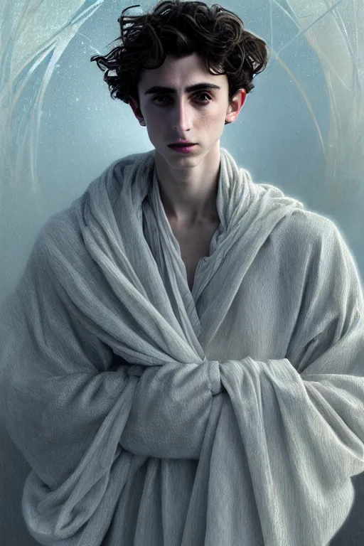 Image similar to portrait of timothee chalamet as dream of the endless, the sandman, grey clothes, in persian temple wet night, sci - fi and fantasy, intricate and very very beautiful and elegant, highly detailed, digital painting, artstation, concept art, smooth and sharp focus, illustration, art by tian zi and wlop and alphonse mucha