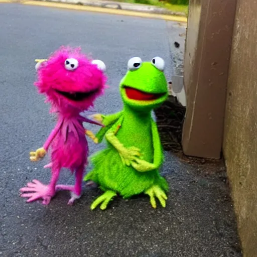Prompt: disheveled homeless angry muppet stabbing Kermit out of jealousy. Photograph.