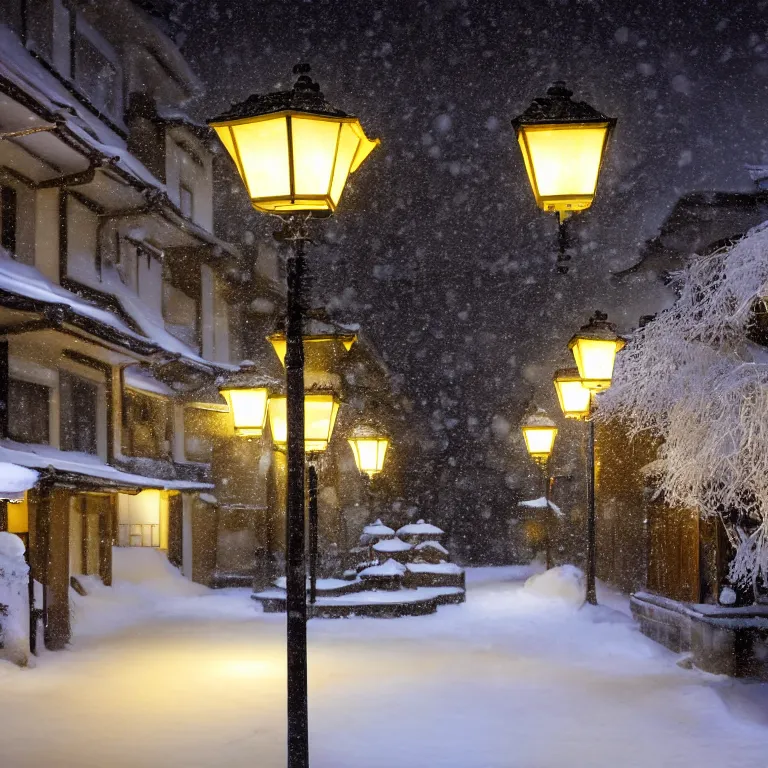 Prompt: snowy japanese courtyard illuminated by street lamps, high resolution photograph