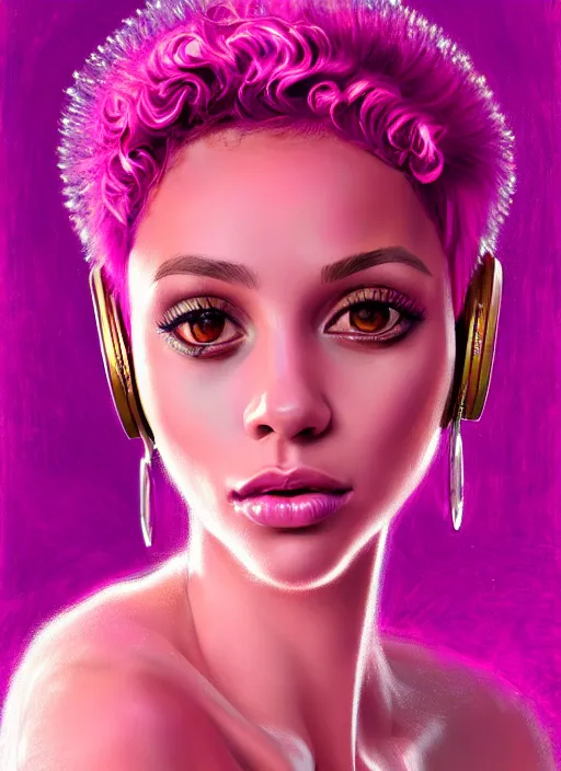 Image similar to portrait of vanessa morgan with bright pink hair, curly pixie cut hair, wearing a purple breton cap, breton cap, hoop earrings, intricate, elegant, glowing lights, highly detailed, digital painting, artstation, concept art, smooth, sharp focus, illustration, art by wlop, mars ravelo and greg rutkowski