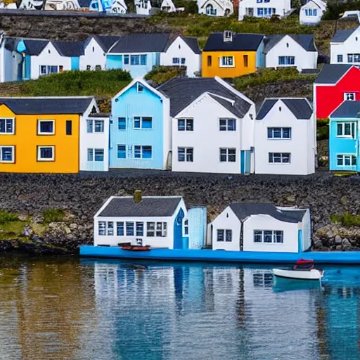 Image similar to row of houses all connected by water in aquaducts , there are boats traveling between the houses as boats are the main means of transportation is a boat on a bright sunny day in iceland