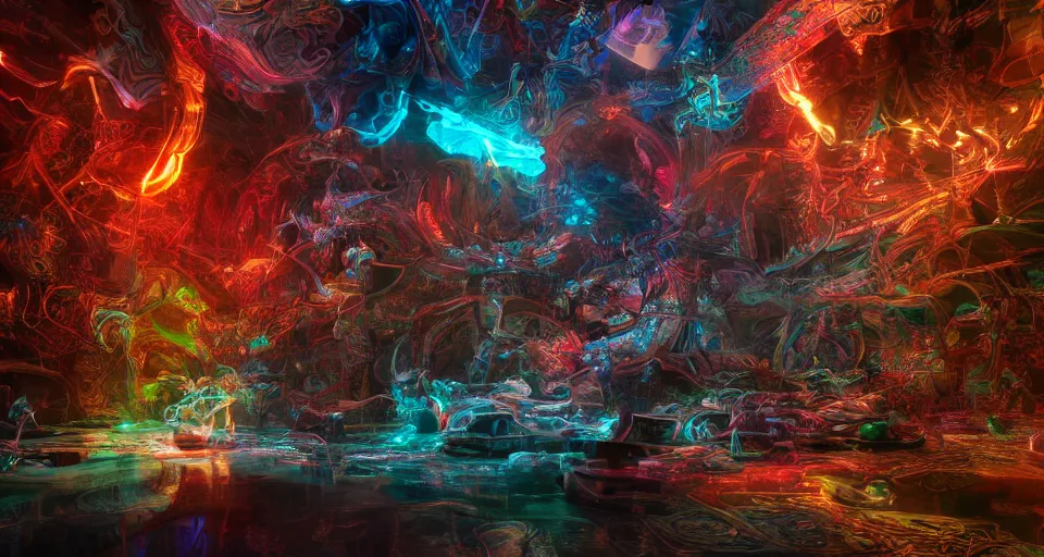 Image similar to colourful banishment of the gods, cinematic, end of an era, chaos, digital art. intricate, cinematic, hyper - detailed, ray trace, 3 d sculpture, beautifully lit, glow, soft light, photorealistic, ghost, symmetric, masterpiece, realistic, highly detailed