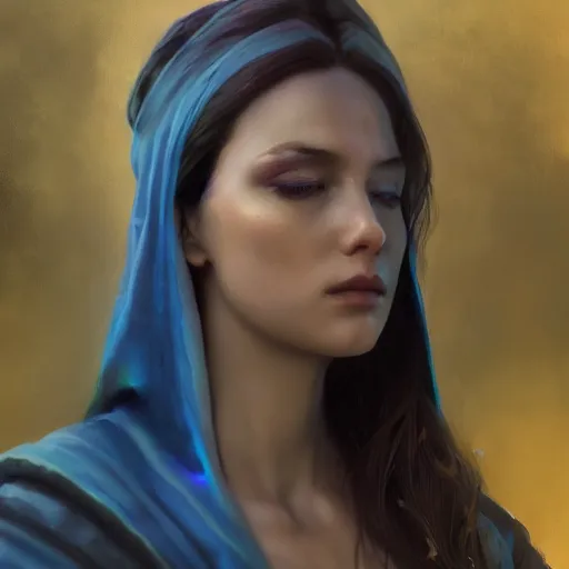 Prompt: Beautiful female wizard in blue and iridescent robes, 4k oil on linen by wlop, artgerm, andrei riabovitchev, nuri iyem, james gurney, james jean, greg rutkowski, highly detailed, soft lighting 8k resolution