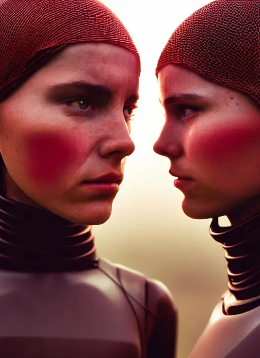 Image similar to cinestill 5 0 d photographic portrait by steve mccurry of two loving female androids wearing rugged black mesh techwear in a brutalist compound with a red sky, extreme closeup, cyberpunk style, dust storm, 8 k, hd, high resolution, 3 5 mm, f / 3 2, ultra realistic faces, ex machina