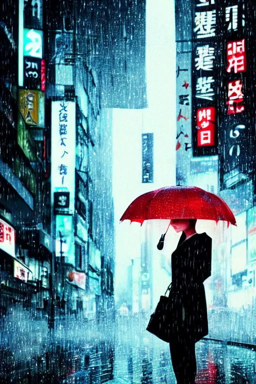 Image similar to A megan fox with an umbrella waiting to cross Shibuyas crossing in Japan, back facing the camera, rainy afternoon, beautiful volumetric lighting, intricate, digital painting, cyberpunk colours