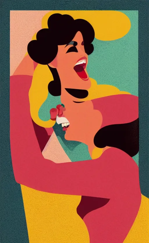 Prompt: illustration with a woman laughing out loud, art deco painting by tom whalen, funny meme photo, trending on behance, digital illustration, storybook illustration, grainy texture, flat shading, vector art, airbrush, pastel, watercolor, poster