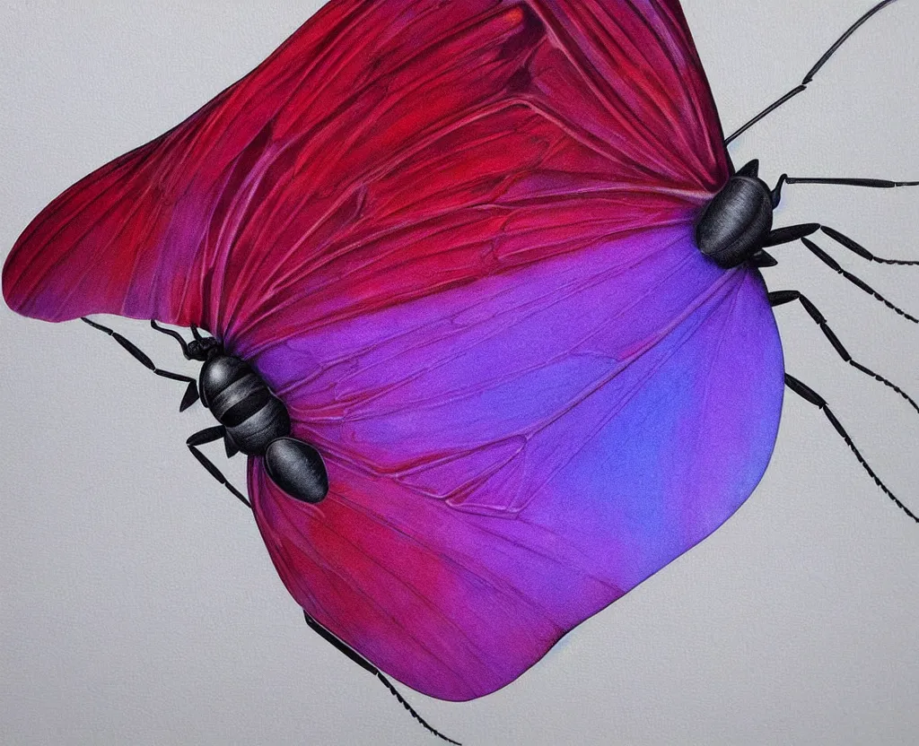 Image similar to beautiful matte airbrush of a fantasy bug insect wing on a white background, inspired by 8 0's airbrush illustrations, purple red and blue color palette, art by pater sato