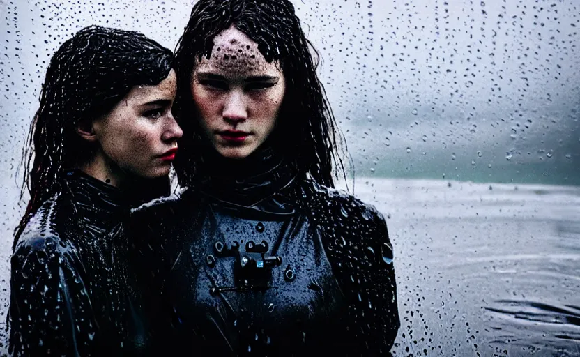 Image similar to cinestill 5 0 d candid photographic portrait by christopher nolan of two loving female androids wearing rugged black mesh techwear in treacherous waters, extreme closeup, modern cyberpunk moody emotional cinematic, pouring rain, 8 k, hd, high resolution, 3 5 mm, f / 3 2, ultra realistic faces, ex machina