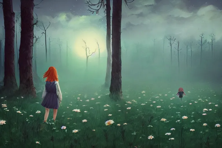 Image similar to giant bunch of daisy flowers head, girl walking in dark forest, surreal photography, dark night, stars, moon light, impressionist painting, clouds, digital painting, artstation, simon stalenhag