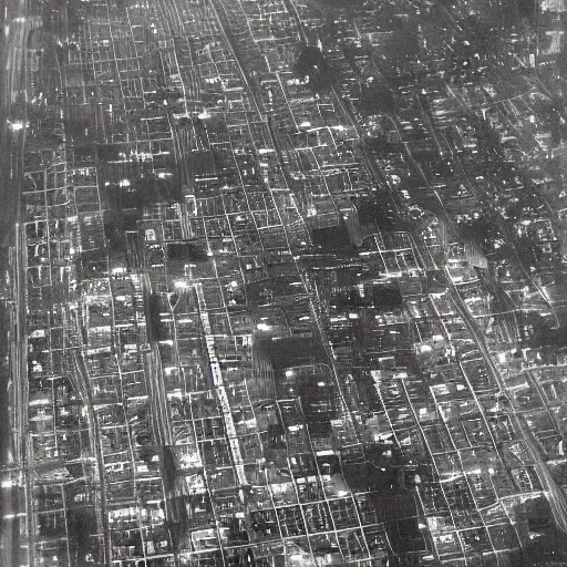 Image similar to Birds eye view of a tampa florida at night, beaches, rectangular city grid with narrow streets, tall brutalist architecture buildings, city lights spilling upwards above the top of the buildings,