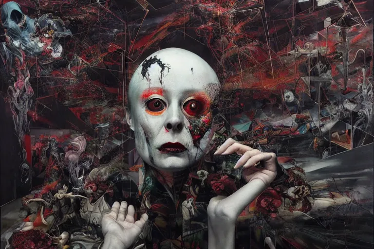 Prompt: The physical impossibility of death, in a brutalist architecture space ship, gothic, rich deep colours, creepy, diabolical, dark, mystical, intrincate, maximalism, painted by Francis bacon, Adrian ghenie, James jean and Petra cortright part by Gerhard Richter, part by Takato Yamamoto. 8k masterpiece