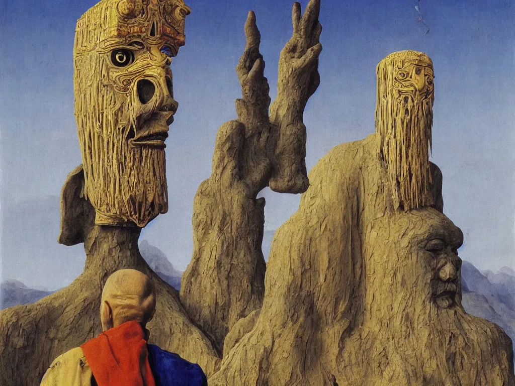 Image similar to Albino mystic with his back turned, looking in the distance at giant totemic archaic sculpture mask Tibetan temple made from Lapis Lazuli. Painting by Jan van Eyck, Beksinski, Caspar David Friedrich, Rene Magritte, Agnes Pelton, Max Ernst, Walton Ford