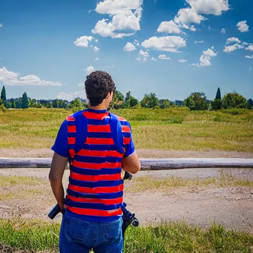 Image similar to Young man standing looking to the right in a red bandana, blue striped shirt, gray vest and a gun with a partly cloudy sky in the background. The young man is standing in front of an iron fence. Photograph. Real life