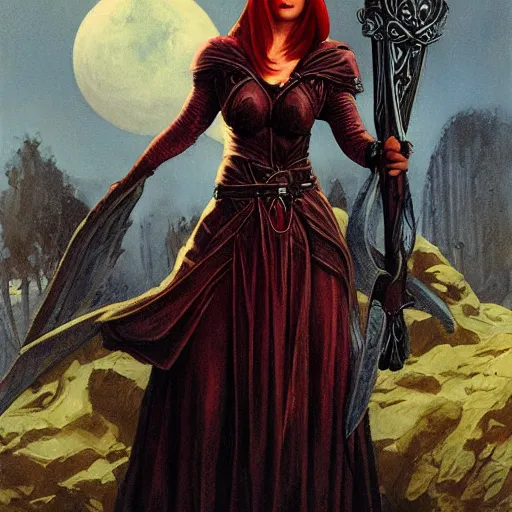 Prompt: female redhead templar, by gerald brom