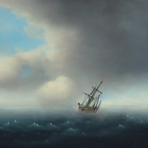 Prompt: painting of a ship drifting amongst the clouds and fog