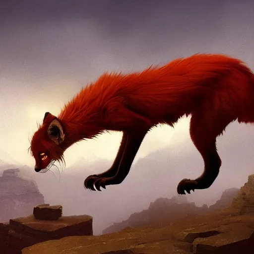 Image similar to Red Puma Fox Beast Chimera Hybrid collar wearing feather crest paws fingernails whiskers snacks tail eyes furry fuzzy standing atop grand canyon greg rutkowski greg danton tony sart raymond swanland chris foss chris cold christophe norman rockwell young acrylic 4k artstation wikiart wikipedia realism tilt-shift aspca adoption research