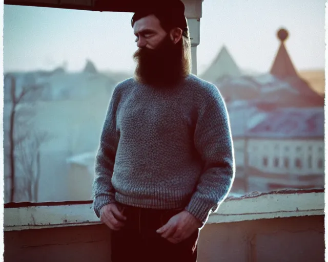 Image similar to lomo photo of 4 0 years russian man with beard and sweater standing on small hrushevka balcony full with cigarette smoke in small russian town looking at sunset, film still, atmospheric, cinestill, bokeh