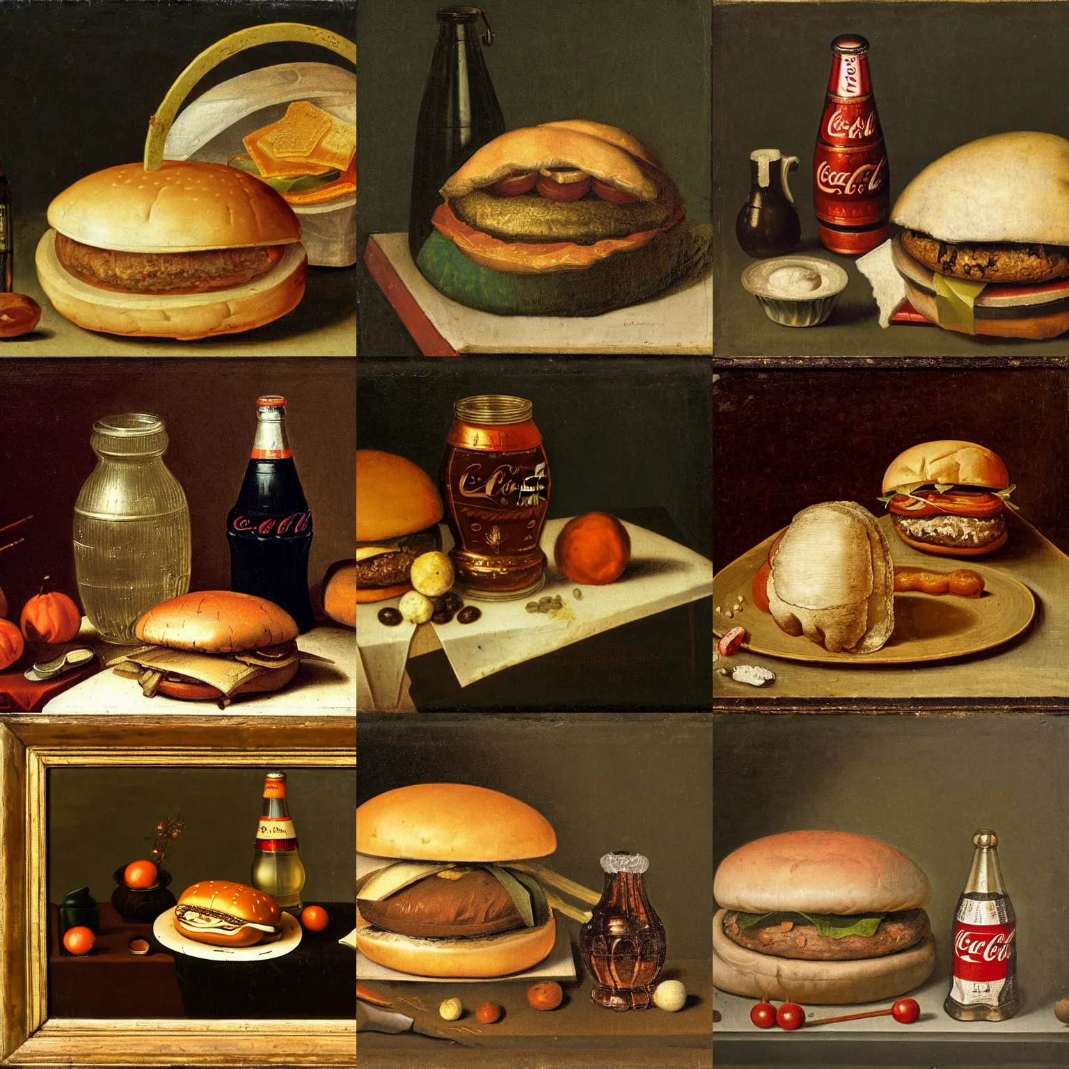 Prompt: Dutch Still Life of the 1600s, depicting a wrapped Hamburger and a bottle of Coca Cola