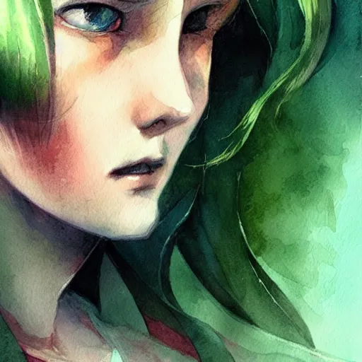 Image similar to child, young boy, green hair, short hair, happy, intricate, ethereal, highly detailed, sharp focus, artstation, watercolor, by charlie bowater and ross tran