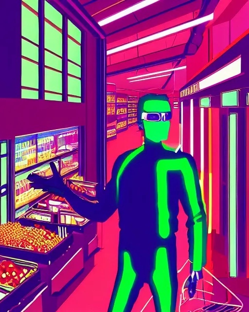 Image similar to cyberpunk man shopping at a neon soaked grocery store, science fiction painting, elegant intricate digital painting artstation, art by patrick nagel, detailed