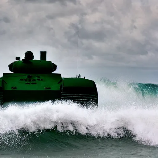 Prompt: a T-34 emerging from Ocean waves, hyperrealistic