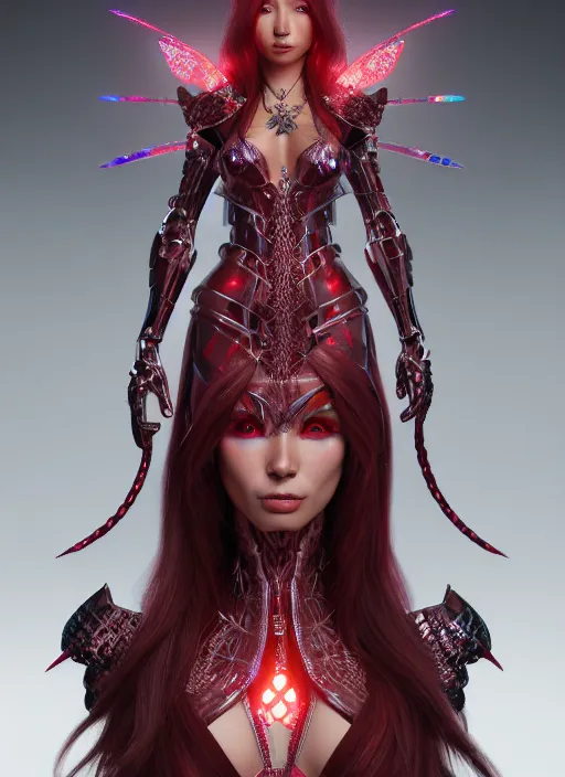 Prompt: 8 k metahuman highly detailed render cdpr character design of armored witch, hajime sorayama, red long wavy hair, red lace dress, alphonse mucha, clear symmetrical face, rim light, game assets, swarovski, unreal engine, sharp focus, jewelry iridescent, illustration, artstation