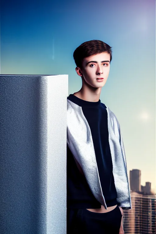 Image similar to un ultra high definition studio quality photographic art portrait of a young man standing on the rooftop of a british apartment building wearing soft padded silver pearlescent clothing. three point light. extremely detailed. golden ratio, ray tracing, volumetric light, shallow depth of field. set dressed.