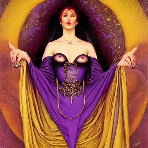 Image similar to portrait of a purple witch with golden embroidery, by gerald brom.