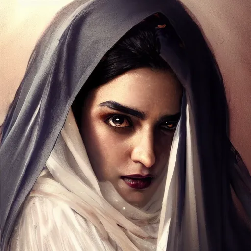 Image similar to a Photorealistic dramatic hyperrealistic render of an arab ameera al taweel, blue eyes, black hair, white veil,by WLOP,Artgerm,Greg Rutkowski,Alphonse Mucha, Beautiful dynamic dramatic dark moody lighting,shadows,cinematic atmosphere,Artstation,concept design art,Octane render,8K