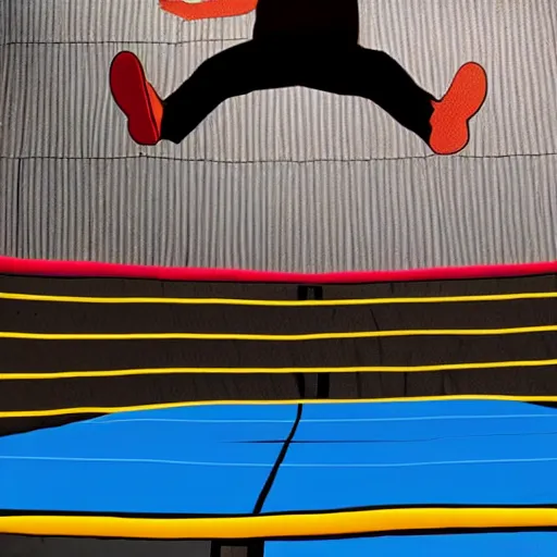 Prompt: silhouette of a man falling from a high surface onto a trampoline in a trampoline park, realistic, detailed, accurate, colorful.